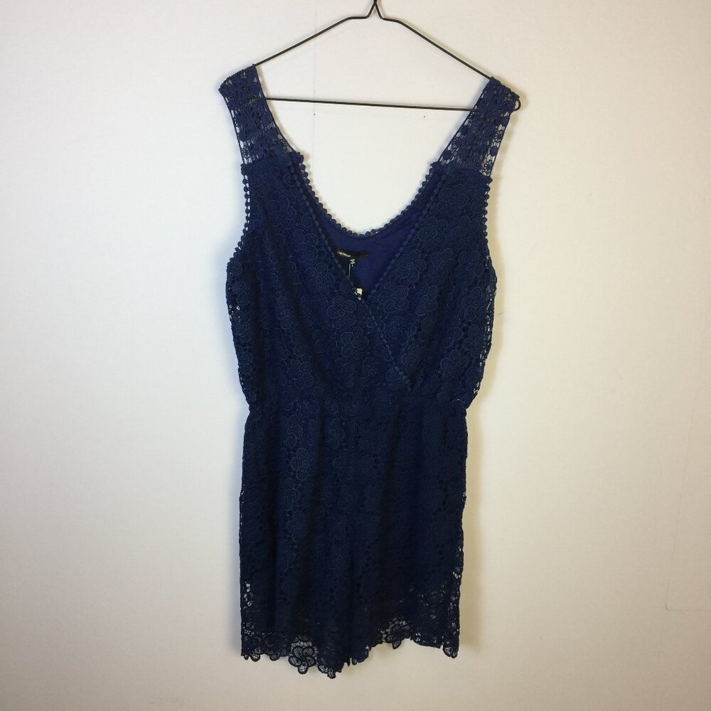 New! Love Culture Romper Size L Womans Navy Blue Floral Lace V-neck Sleeveless